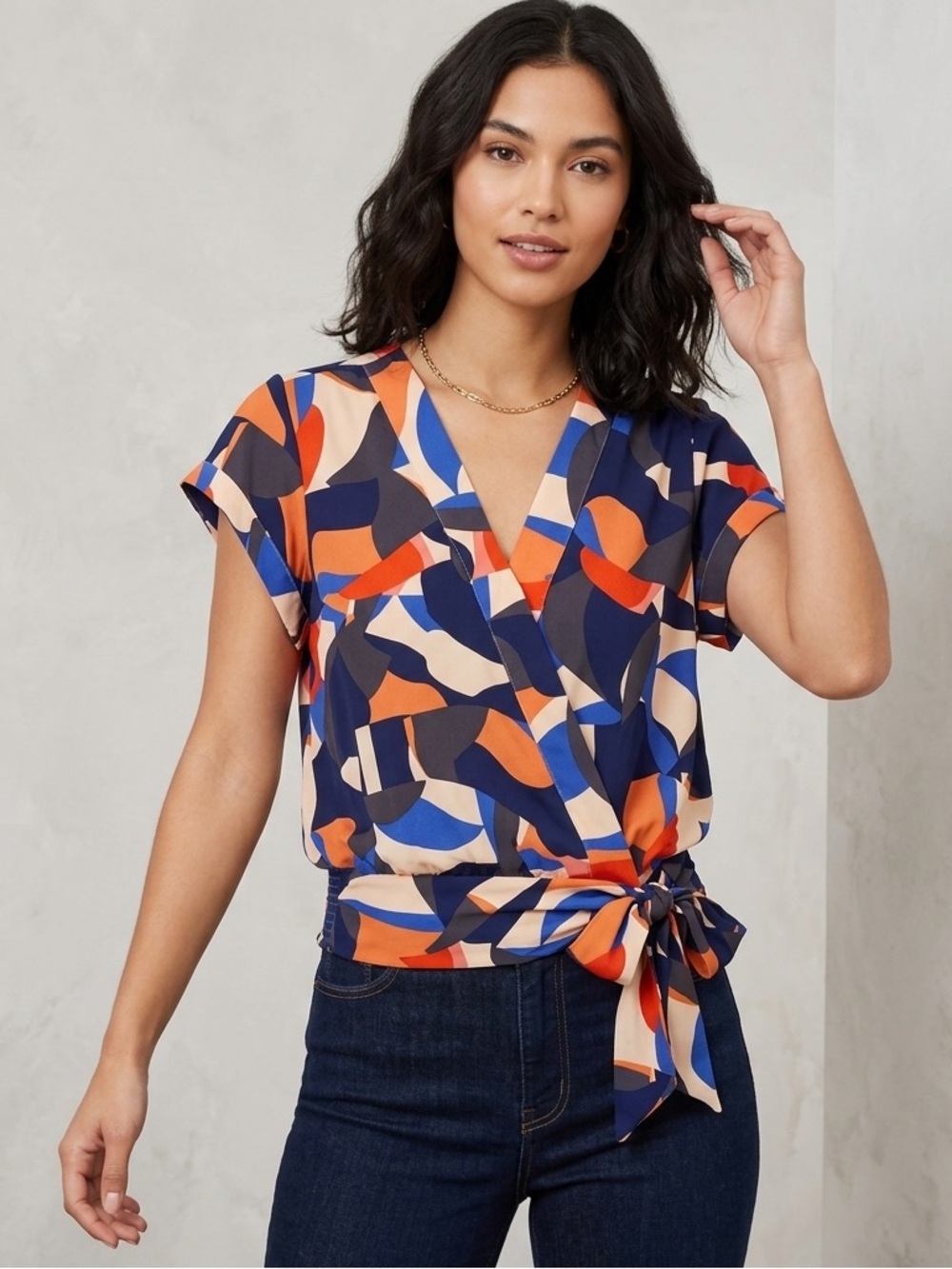 Nine West Printed Wrap Tie Blouse, Size Small, Geometric Orange Blue Red